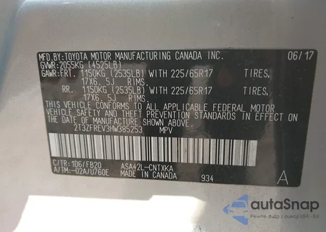 2017 Toyota Rav4 Le z USA, uszkodzony, nr VIN 2T3ZFREV3HW385253